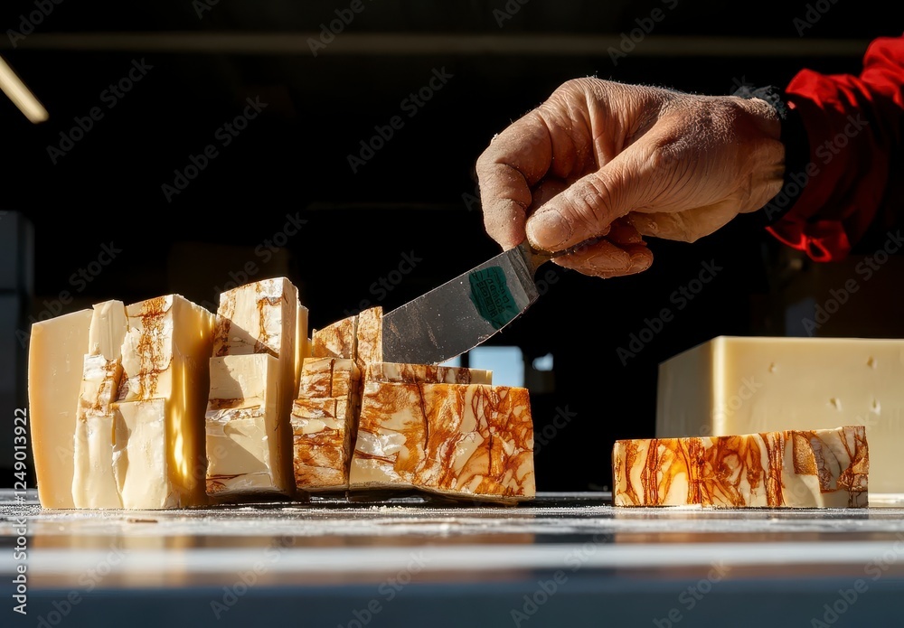 Obraz premium Hand Slicing Artisan Cheese with Knife in Bright Natural Light