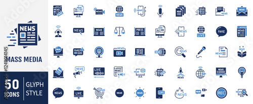 Mass media flat icons set. Containing News, press, live news, tv and more. Vector illustration