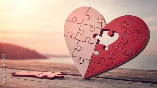 A heart-shaped puzzle, partly assembled with a missing piece, sits on a wooden surface against a scenic ocean backdrop.
