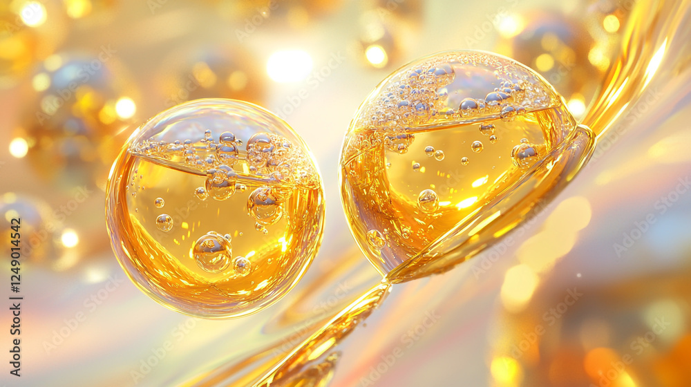 Golden bubbles suspended in a liquid with smaller bubbles around them, creating a visually appealing and dynamic scene with a golden hue. Golden bubbles suspended in a liquid with smaller bubbles around them, creating a visually appealing and dynamic scene with a golden hue.