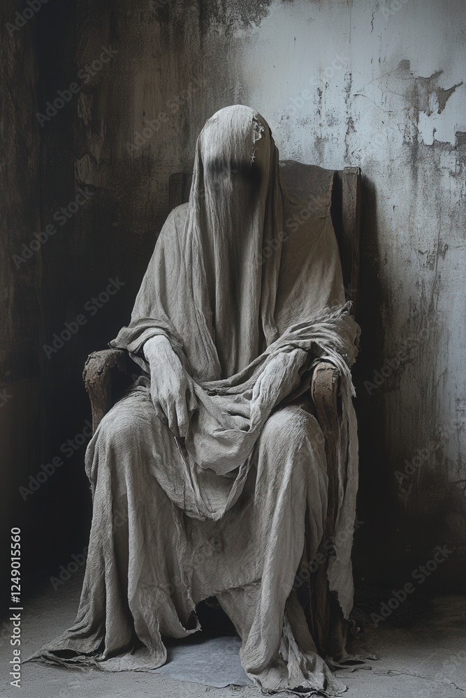 Mysterious figure shrouded in fabric sitting in an abandoned space Mysterious figure shrouded in fabric sitting in an abandoned space