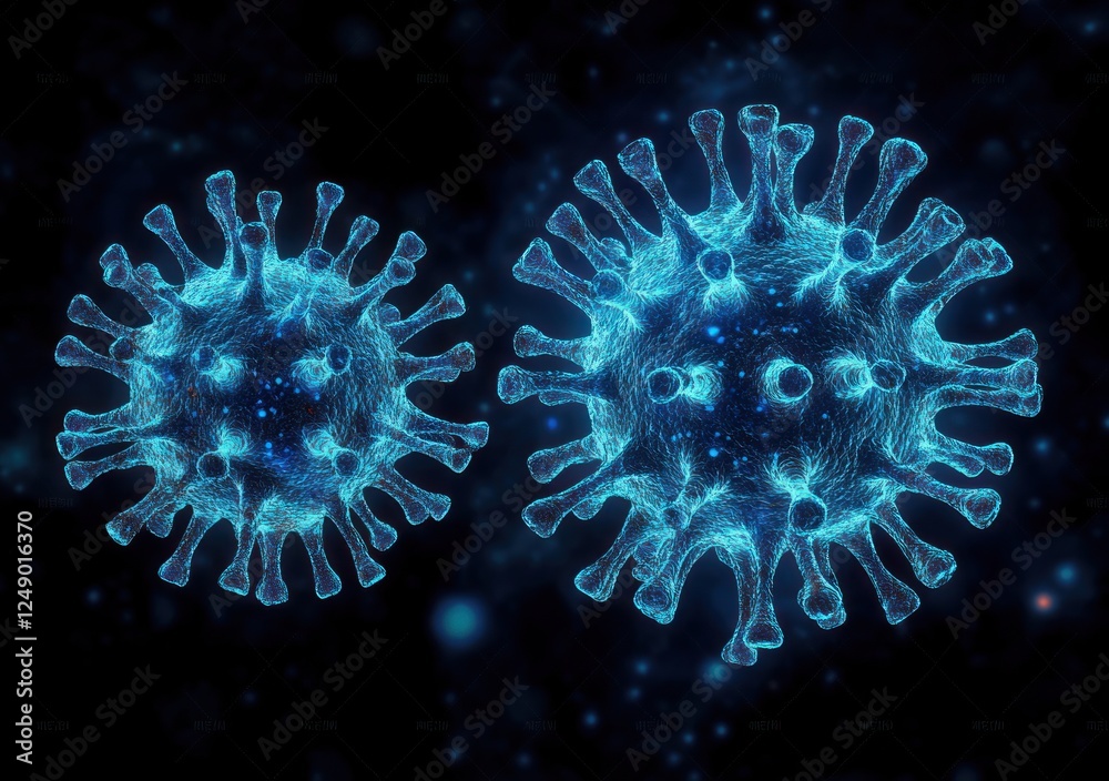 3D Cyberpunk Illustration of Coronavirus Structure with RNA Genome and Spike Proteins in Neon Blue and Black 3D Cyberpunk Illustration of Coronavirus Structure with RNA Genome and Spike Proteins in Neon Blue and Black