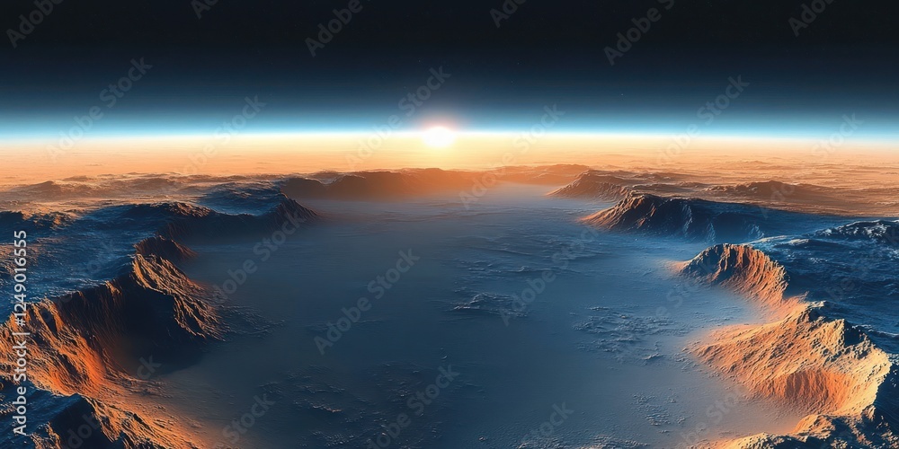 Fototapeta premium Hyper-realistic panoramic view of Martian landscape with dramatic lighting and rugged terrain at dawn