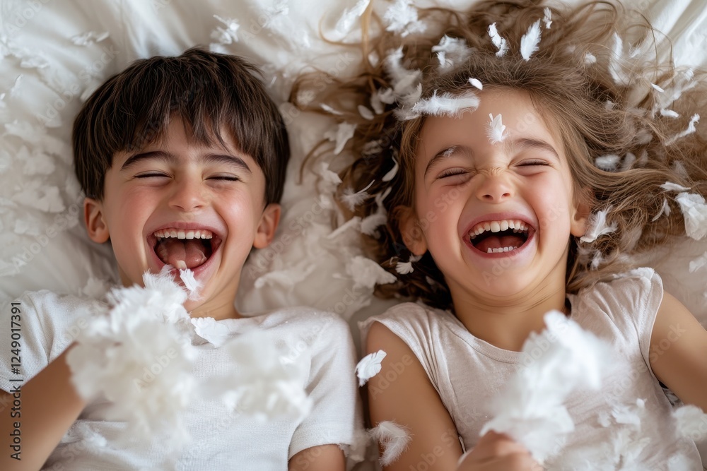 Two children laugh joyfully while playfully throwing feathers in the air, creating a fun and lighthearted atmosphere, captured in a cozy bedroom setting.