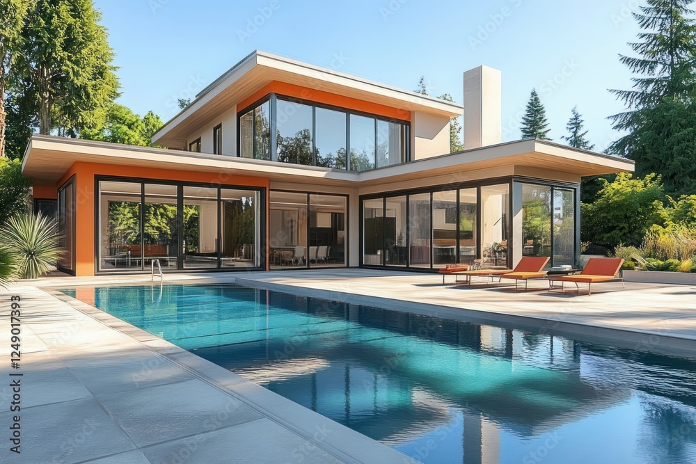Fototapeta premium Modern luxury house exterior with pool and backyard on sunny day under blue sky