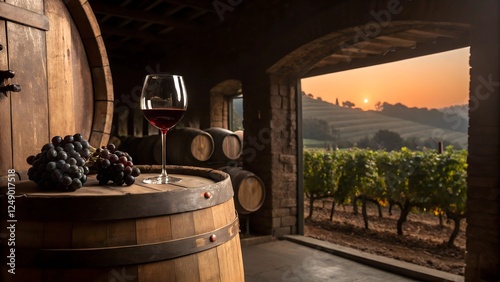 Glass of Wine and Grapes in a Winery with Warm Sunset Light – Mendoza, Argentina
