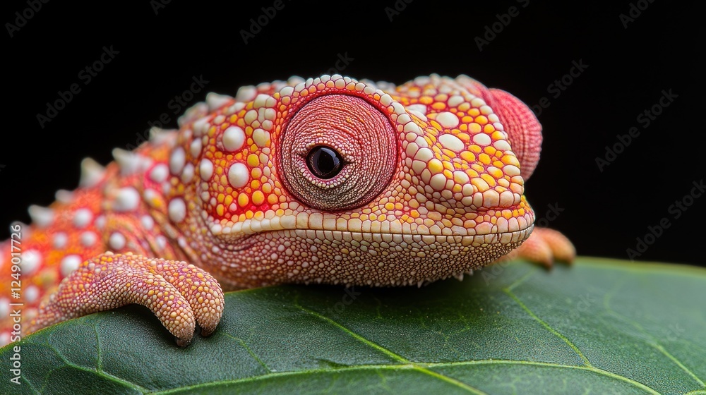 Obraz premium Close-up of a colorful chameleon resting on a leaf in a nature setting