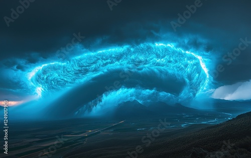 A glowing supercell storm forming over open farmland, with swirling clouds and intense wind bending the crops. The sheer size of the storm creates a sense of impending catastrophe  photo