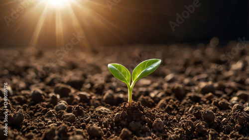 Close-up of soil with a sprouting seed and rays of sunlight, symbolizing the concept of growth and new beginnings.