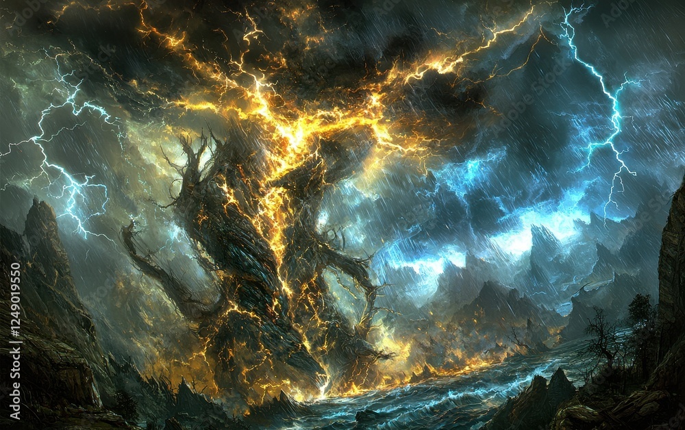 Obraz premium A glowing thunderstorm over a large lake, with fierce winds creating high waves and multiple lightning bolts illuminating the water. The dark, stormy atmosphere dominates the scene 