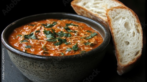 Dark brown bowl of warm, hearty, tomato based stew, topped with fresh cilantro, served with crusty, sliced bread on a dark surface photo