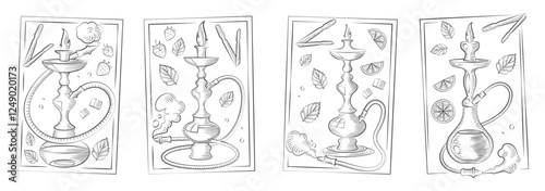 Hand-drawn hookah set. Tobacco leaves, hookah banner background