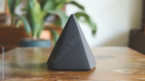 Dark pyramid figurine on wooden table, home decor, modern design photo