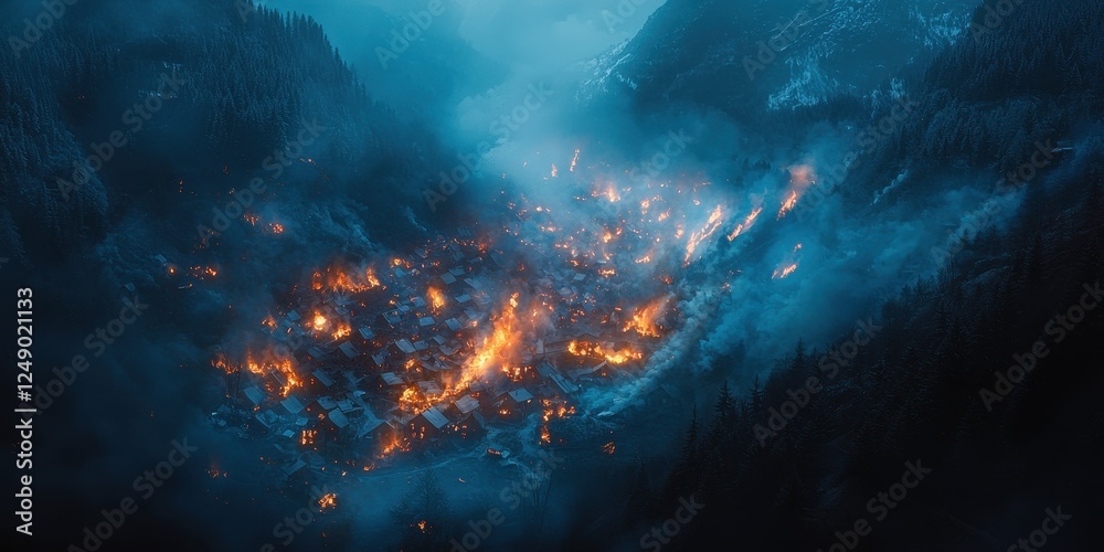Obraz premium A glowing wildfire approaching a small village at night, with flames lighting up the sky and thick smoke rising. Emergency crews and villagers are seen evacuating the area 