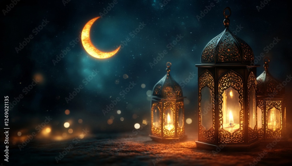 Night lanterns glow, crescent moon, starry sky, Ramadan Night lanterns glow, crescent moon, starry sky, Ramadan