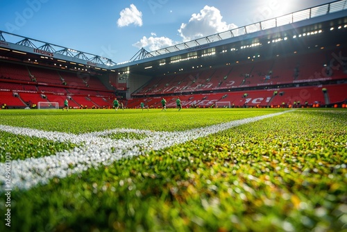 A football ground from the corner angle, with players training