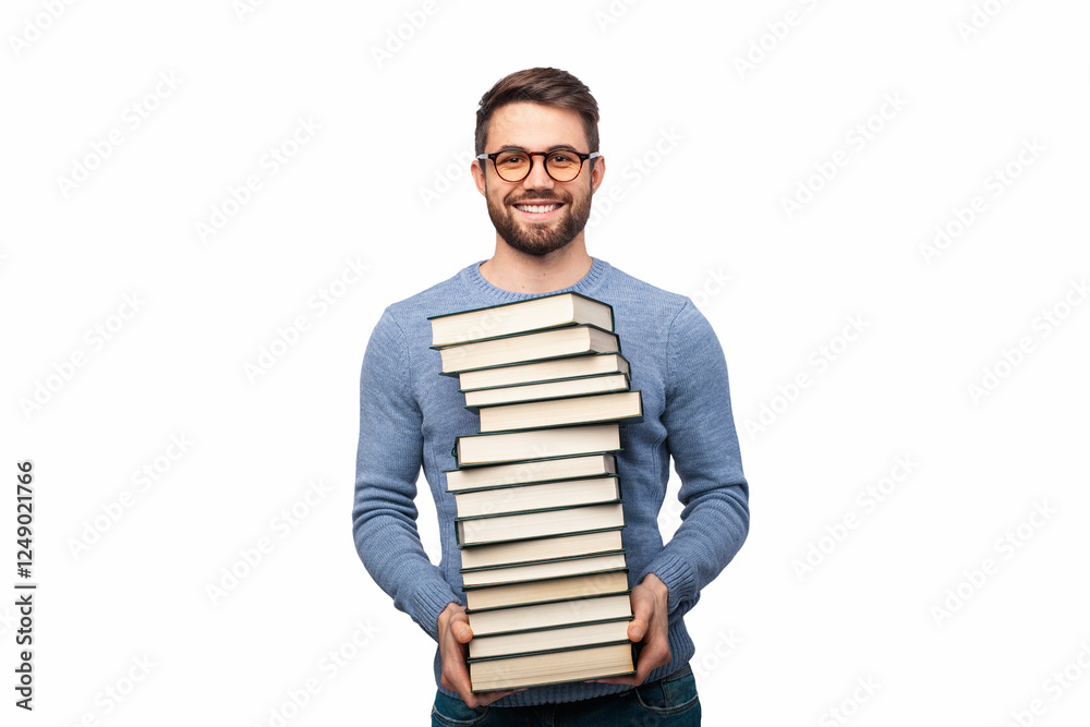 A cheerful man wearing glasses holds a tall stack of books, standing indoors with a white background. The image symbolizes education, learning, and preparation in an academic or professional context. A cheerful man wearing glasses holds a tall stack of books, standing indoors with a white background. The image symbolizes education, learning, and preparation in an academic or professional context.