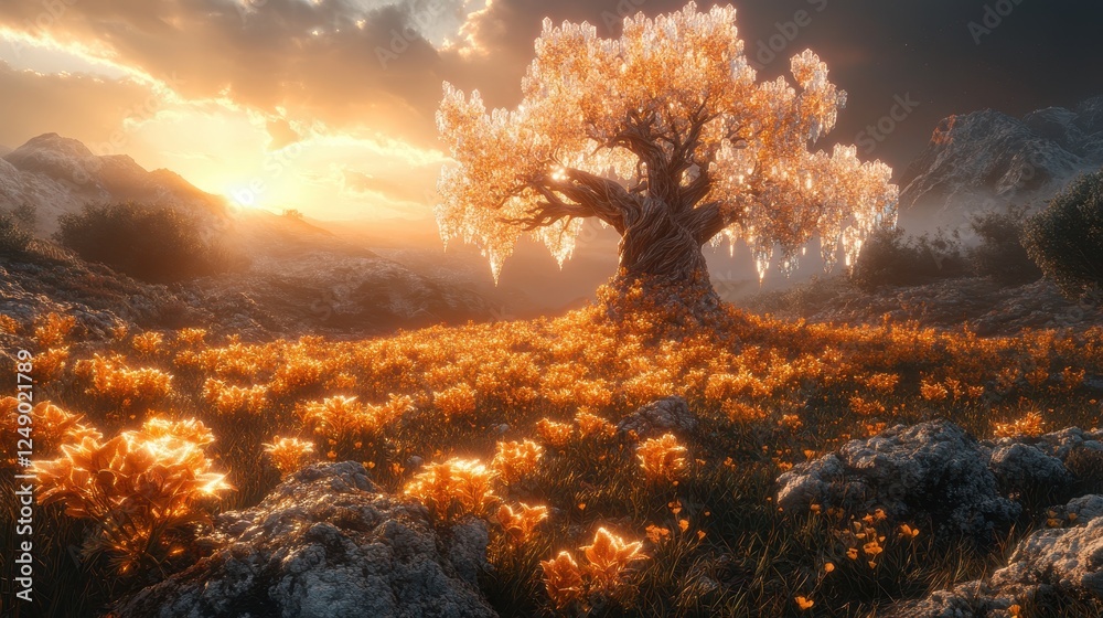 Naklejka premium Sunset over snowy mountains, ancient tree in golden field