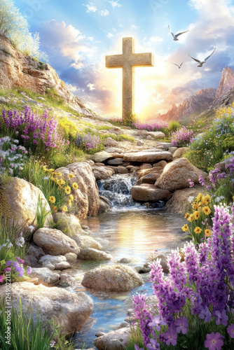 serene landscape featuring cross surrounded by vibrant flowers, gentle stream, and beautiful sky. scene evokes sense of peace and spirituality