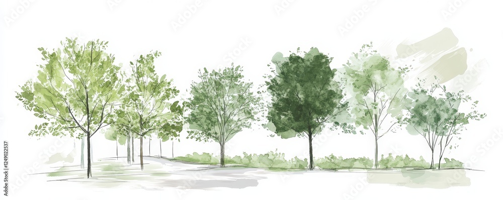 Obraz premium Lush Green Trees in a Serene Landscape with Soft Watercolor Style