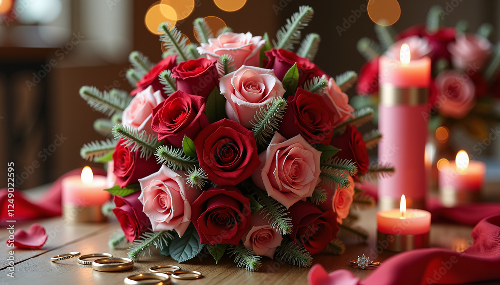 Stunning bridal bouquet of red and pink roses with greenery surrounded by glowing candles and wedding rings
