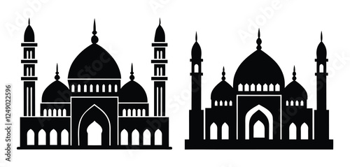 Islamic architecture, mosque silhouettes, domes and minarets, black and white illustration.