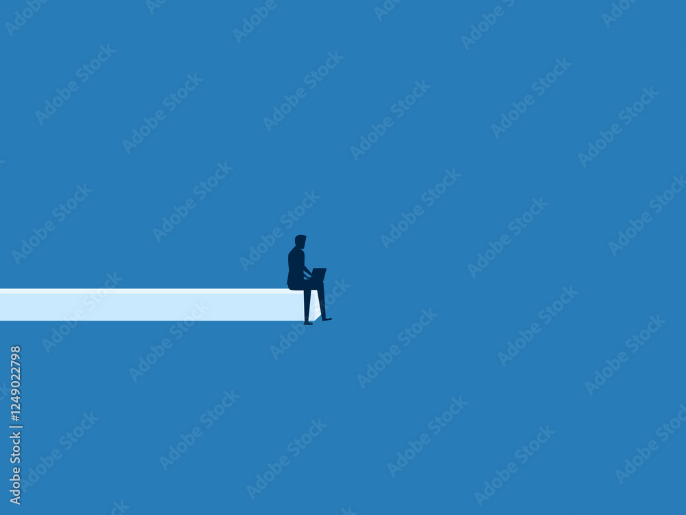 Risk, focus on work, businessman working on laptop at the end of a jumping off point Risk, focus on work, businessman working on laptop at the end of a jumping off point