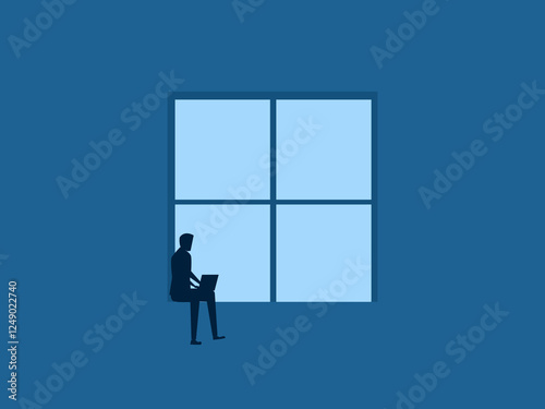 Quiet concentration, focus on work, businessman working on laptop at the window