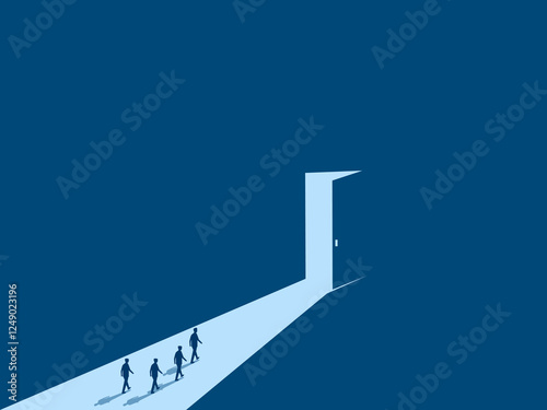 Group of people walking to find opportunities at the shining door