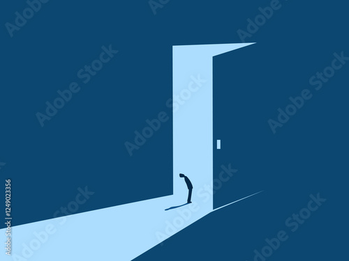 Getting new opportunities, People standing in amazement at the big door with light.