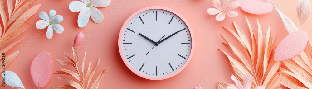 A stylish clock surrounded by delicate flowers and leaves on a soft pink background, creating a serene and aesthetic ambiance., Day Light Saving Time A stylish clock surrounded by delicate flowers and leaves on a soft pink background, creating a serene and aesthetic ambiance., Day Light Saving Time