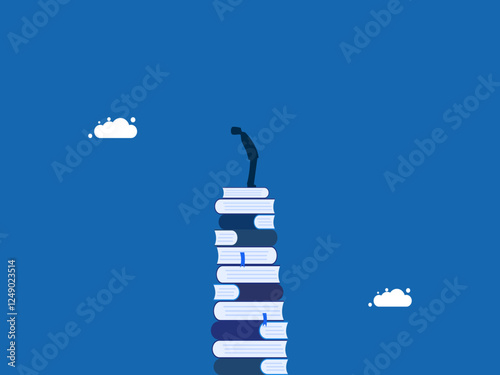 Research, Advanced learning, man standing on a pile of books