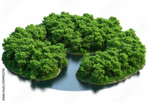 Circular island with lush green trees and a small lake in the center, isolated on white background