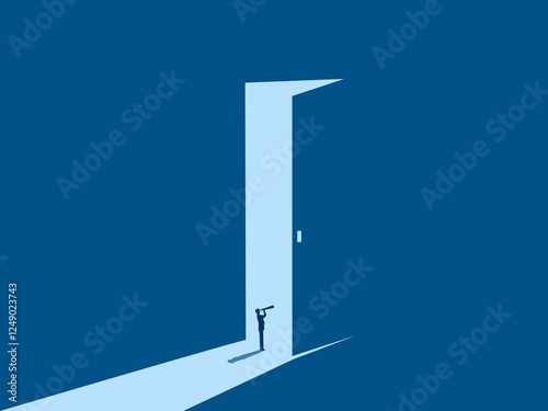 Future, Opportunity, Businessman looking at telescope on the big door