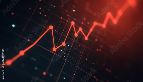 Abstract Glowing Red Chart Upward Trend Shows Success On Digital Circuitry Background.