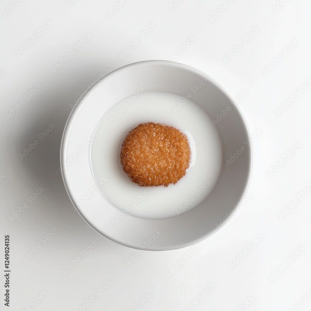 Crisp Cookie Floating in Milk in Elegant White Bowl on Minimalist Surface Crisp Cookie Floating in Milk in Elegant White Bowl on Minimalist Surface