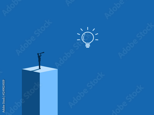 Research, creativity, Businessman looking through binoculars and seeing a light bulb