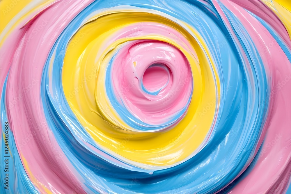 A colorful swirl of paint in pink, yellow, and blue, creating a vibrant, visually appealing spiral pattern. Concept Vibrant Paint Swirl, Colorful Spiral Pattern, Artistic Expression A colorful swirl of paint in pink, yellow, and blue, creating a vibrant, visually appealing spiral pattern. Concept Vibrant Paint Swirl, Colorful Spiral Pattern, Artistic Expression