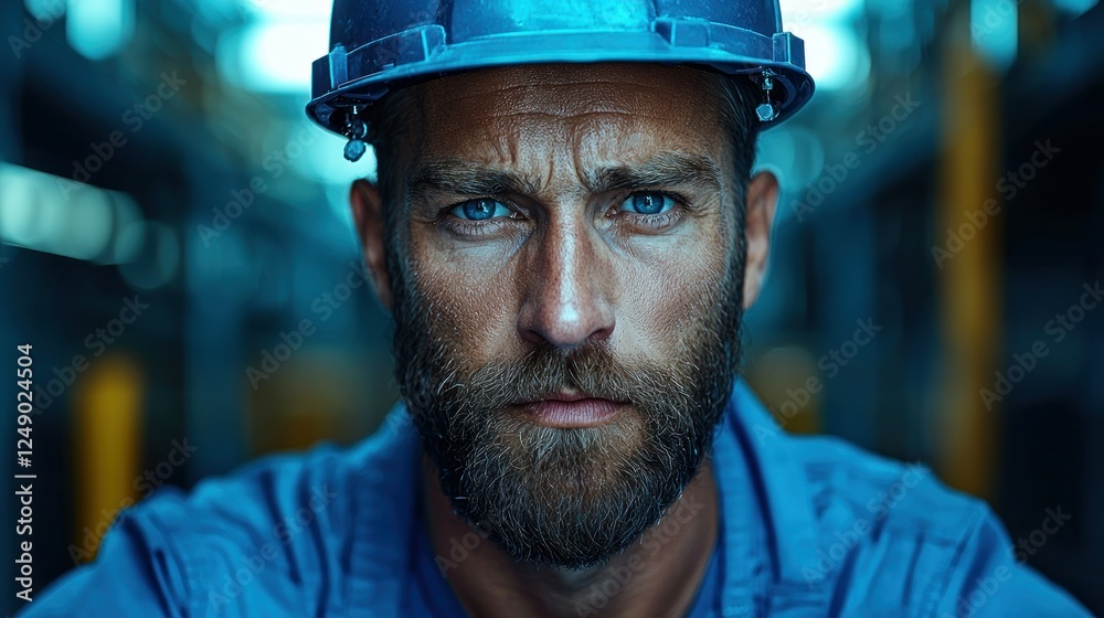Intense stare of a construction worker with piercing blue eyes Intense stare of a construction worker with piercing blue eyes