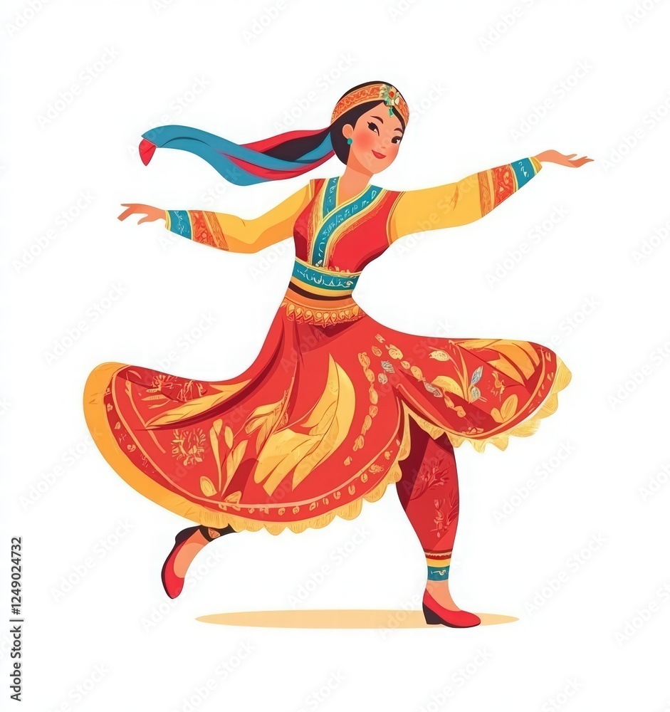Naklejka premium national dances. Caucasian dances, Azerbaijani dances, national costume. girl in traditional Kazakh dances