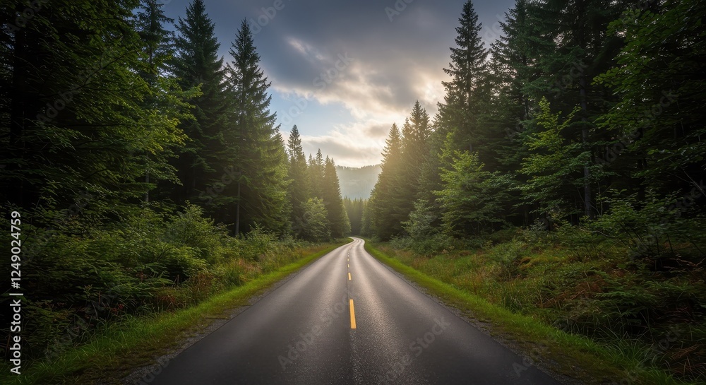 Serene Forest Road at Dawn with Sunlight Breaking Through Clouds - Perfect for Travel and Nature Inspiration Serene Forest Road at Dawn with Sunlight Breaking Through Clouds - Perfect for Travel and Nature Inspiration