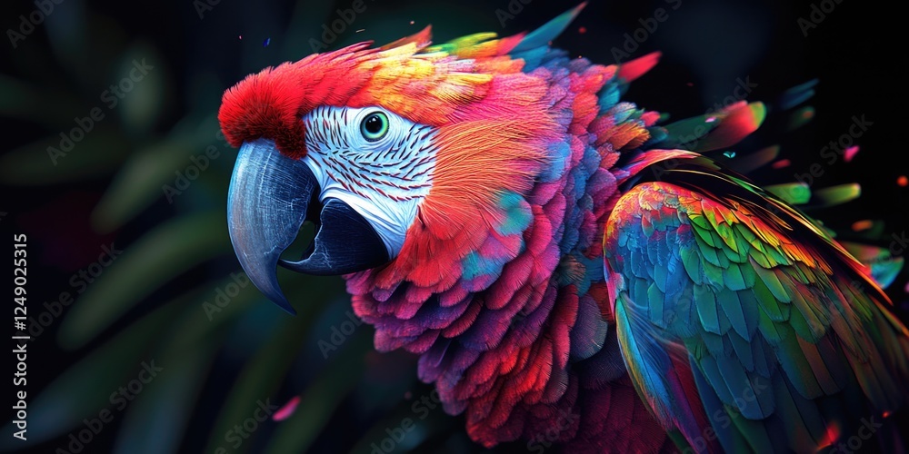 Fototapeta premium Vividly colored macaw parrot with a vibrant rainbow of colors on its wings and tail, showcasing the bird's natural beauty.