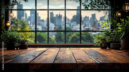 Rustic Wooden Table City View Window Background Image