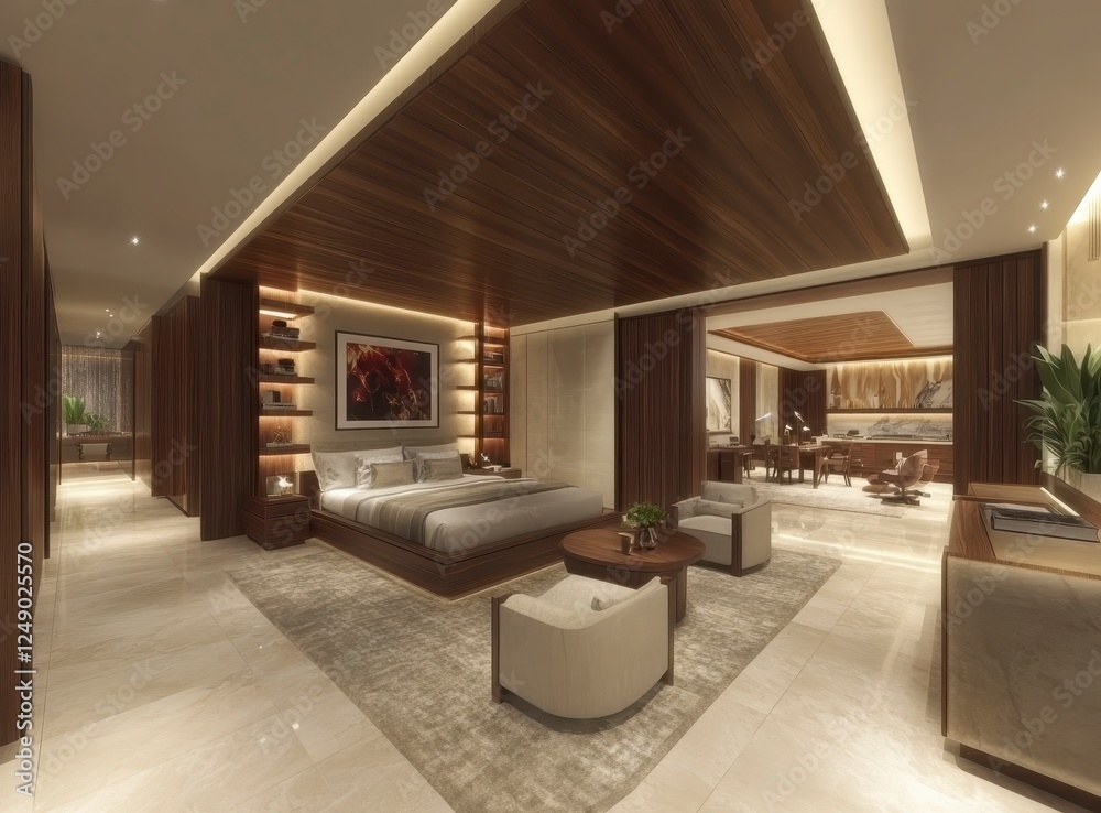 Fototapeta premium Spacious modern bedroom suite featuring warm wood tones, a king sized bed, sitting area, and open layout. Soft lighting creates a relaxing