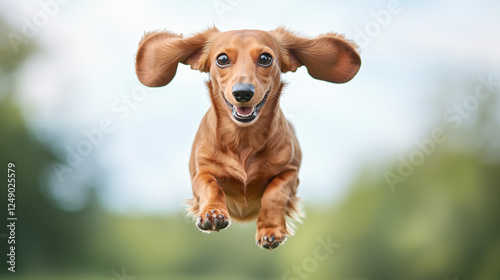 Dachshund jumping against blue sky photo