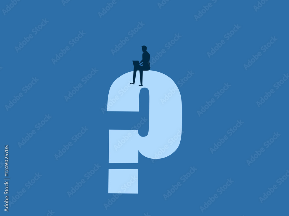 Answer questions, find solutions, Businessman works with laptop on question mark Answer questions, find solutions, Businessman works with laptop on question mark