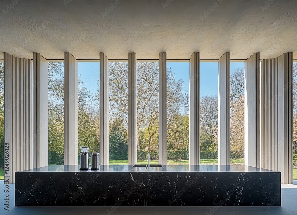 Fototapeta premium Modern concrete interior kitchen, featuring large windows showcasing a verdant landscape, dark speckled countertop, and minimalist design