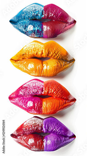Four Pairs of Glossy Gradient Lips, Vibrant Makeup Illustration on a White Background
