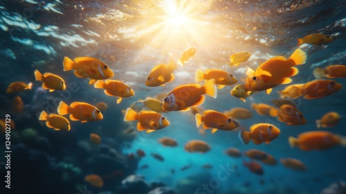 Underwater school of orange fish swimming towards sunlight. photo