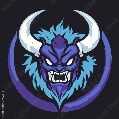 Fierce minotaur mascot roaring. Cartoon illustration on dark background for sports team logo photo